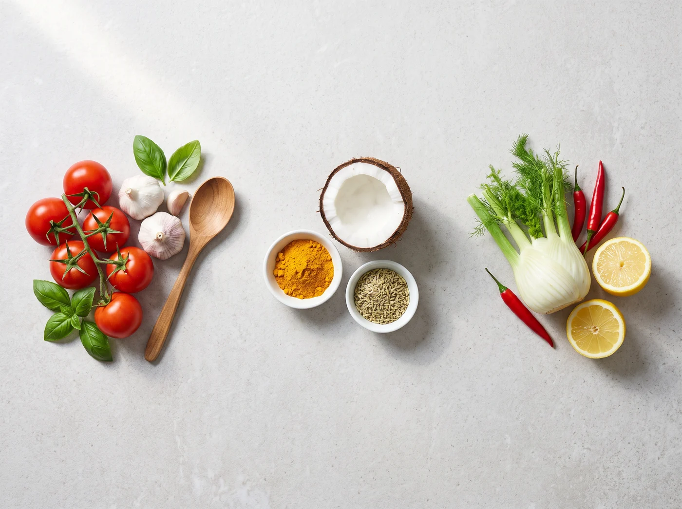 Fresh tomatoes, fennel, garlic, chillies, basil, lemons and spices laid out on a pale stone surface