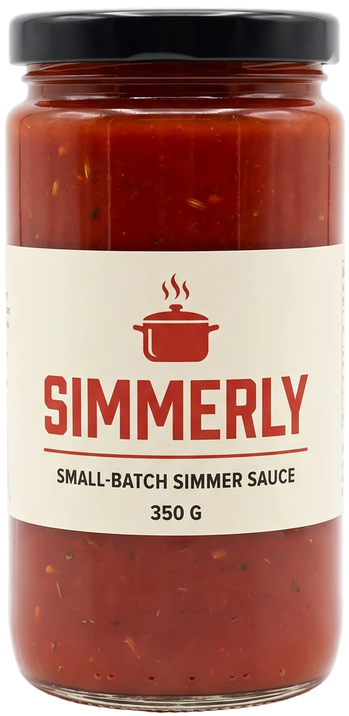 A glass jar of tomato simmer sauce with a black lid and a cream Simmerly label