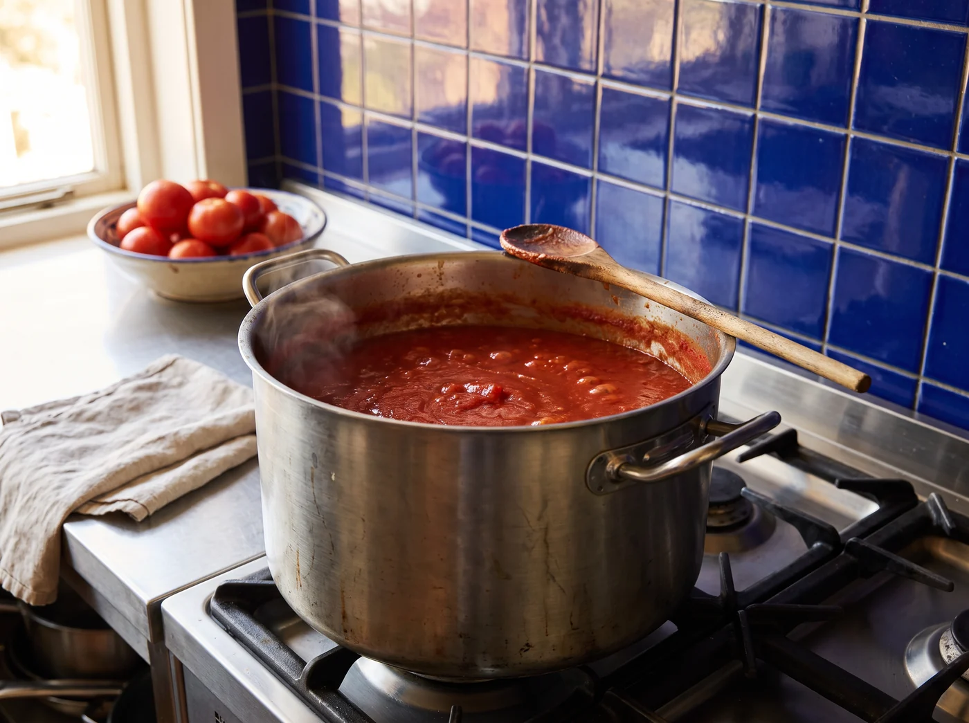 A large steel pot of slowly bubbling red tomato sauce on a hob with a wooden spoon across the rim