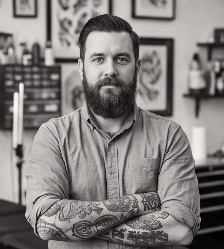 Black and white portrait of Tomas Rebelo, a fictional tattoo artist