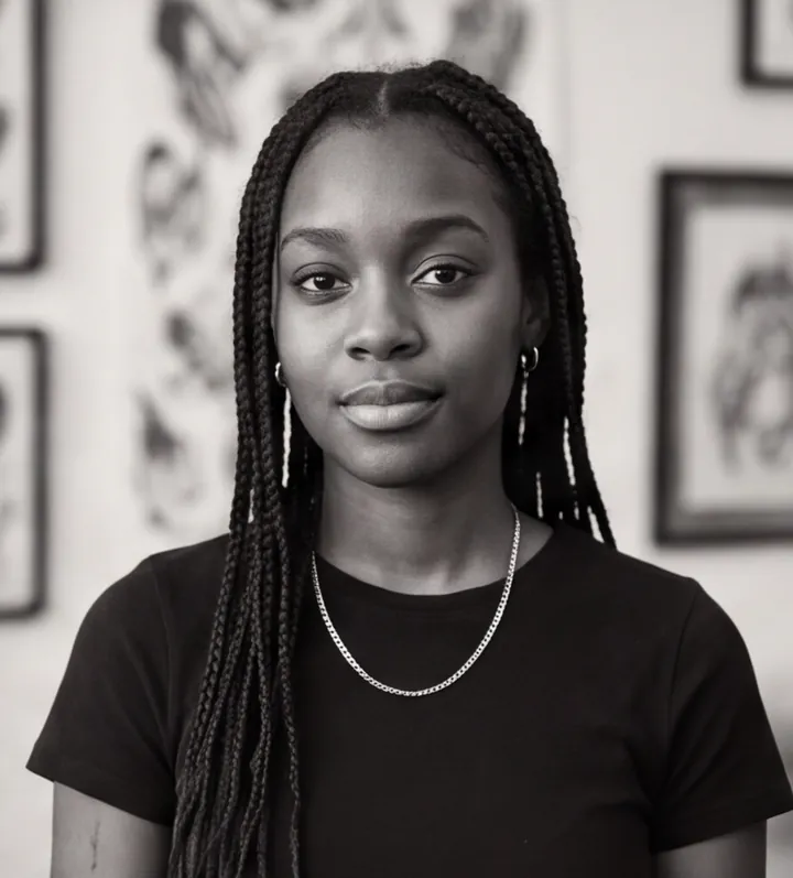 Black and white portrait of Nia Adeyemi, a fictional tattoo artist