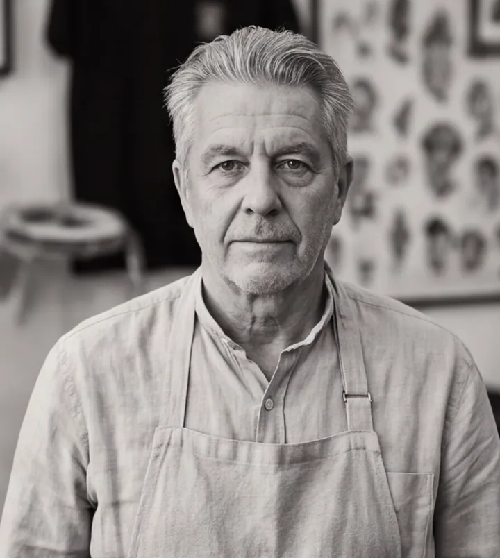 Black and white portrait of Joaquim Serra, a fictional tattoo artist