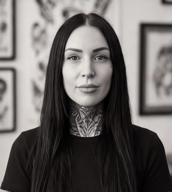 Black and white portrait of Lena Hartmann, a fictional tattoo artist