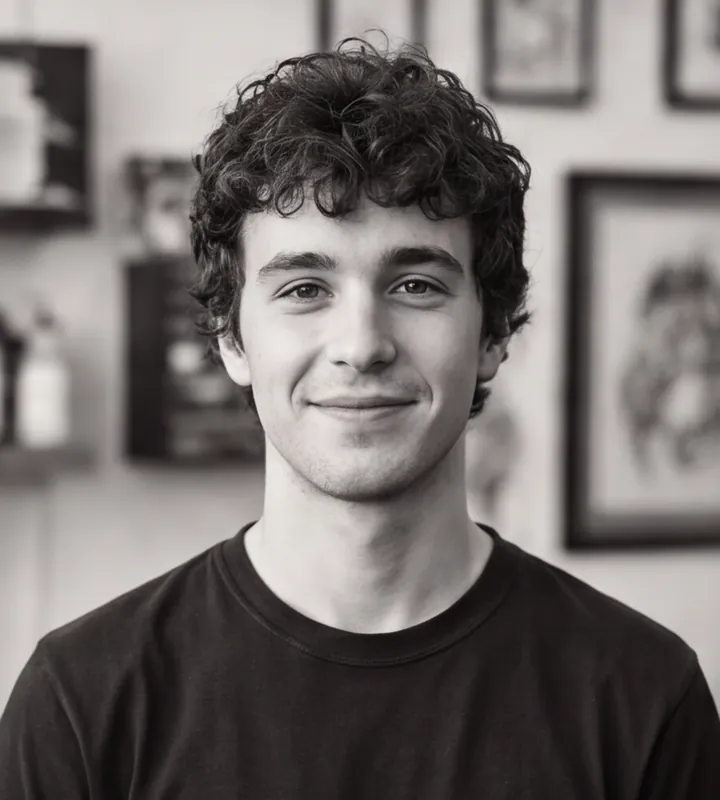 Black and white portrait of Rafael Duarte, a fictional tattoo artist