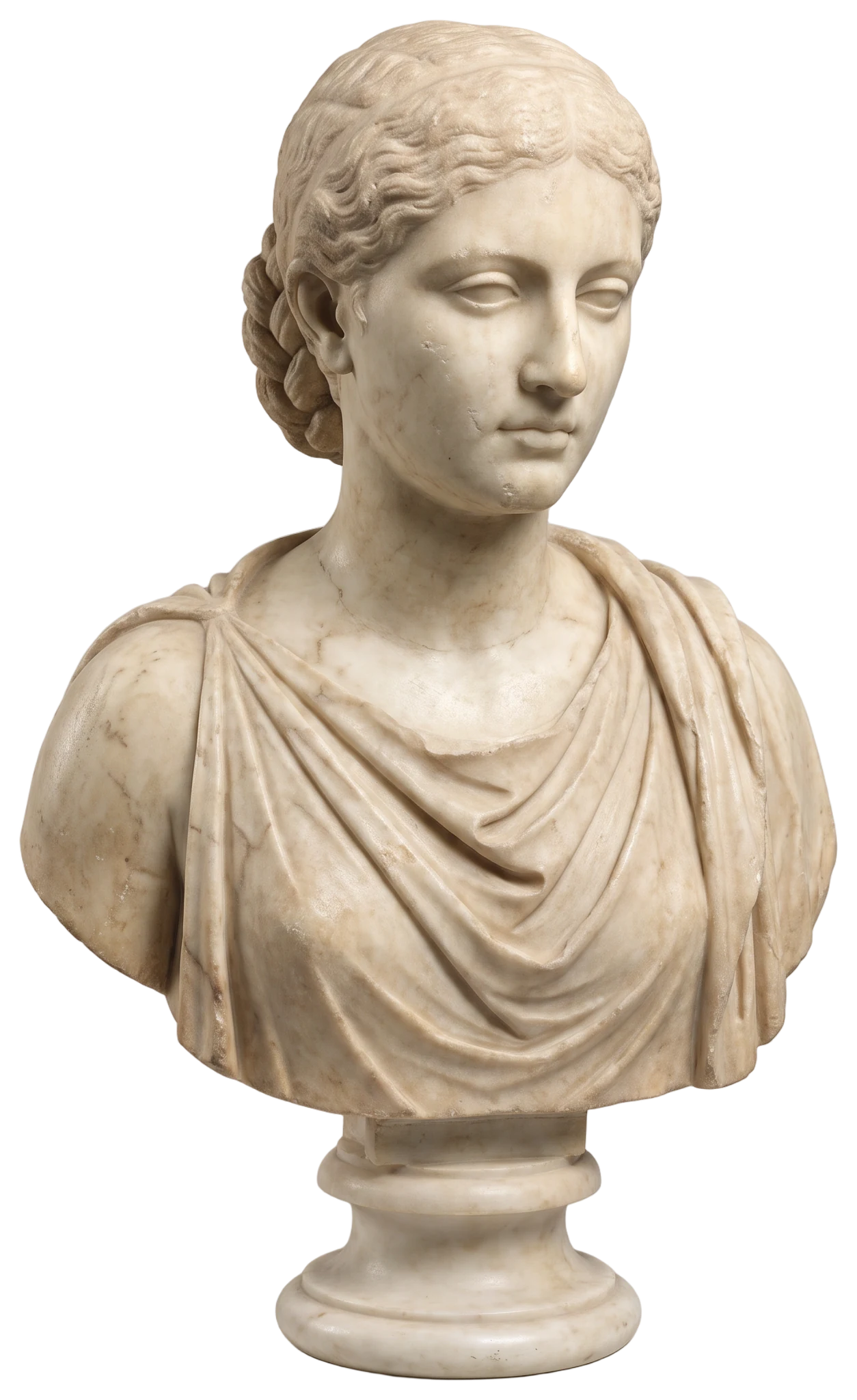 A white marble portrait bust of a woman with lowered eyes, her hair in a braided knot, wearing a draped stola, on a round plinth