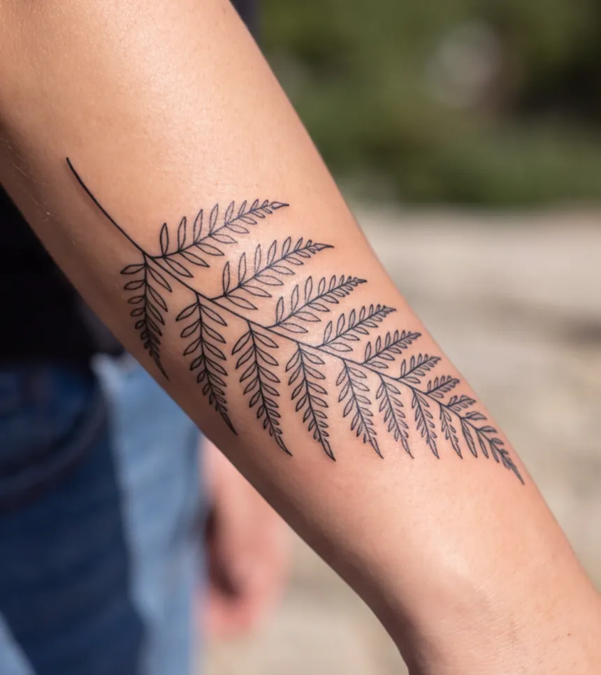 A botanical fern tattooed along a forearm