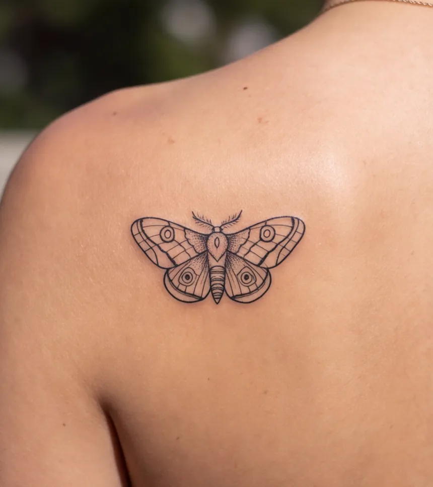 A small line-work moth tattooed on a shoulder blade