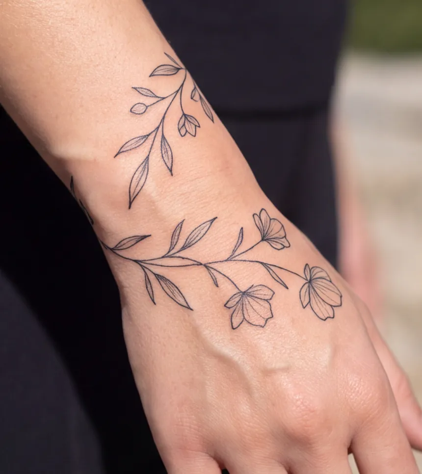 A flower stem tattooed around a wrist and the back of a hand