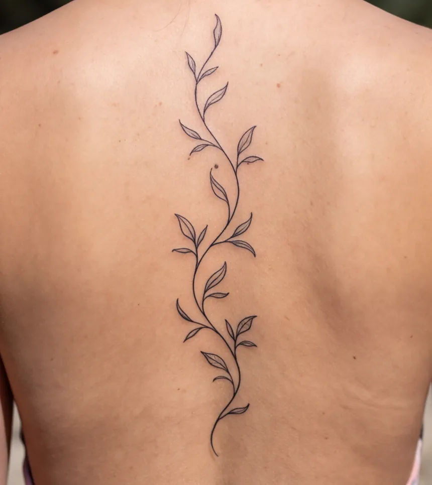 A slim vine tattooed down a spine