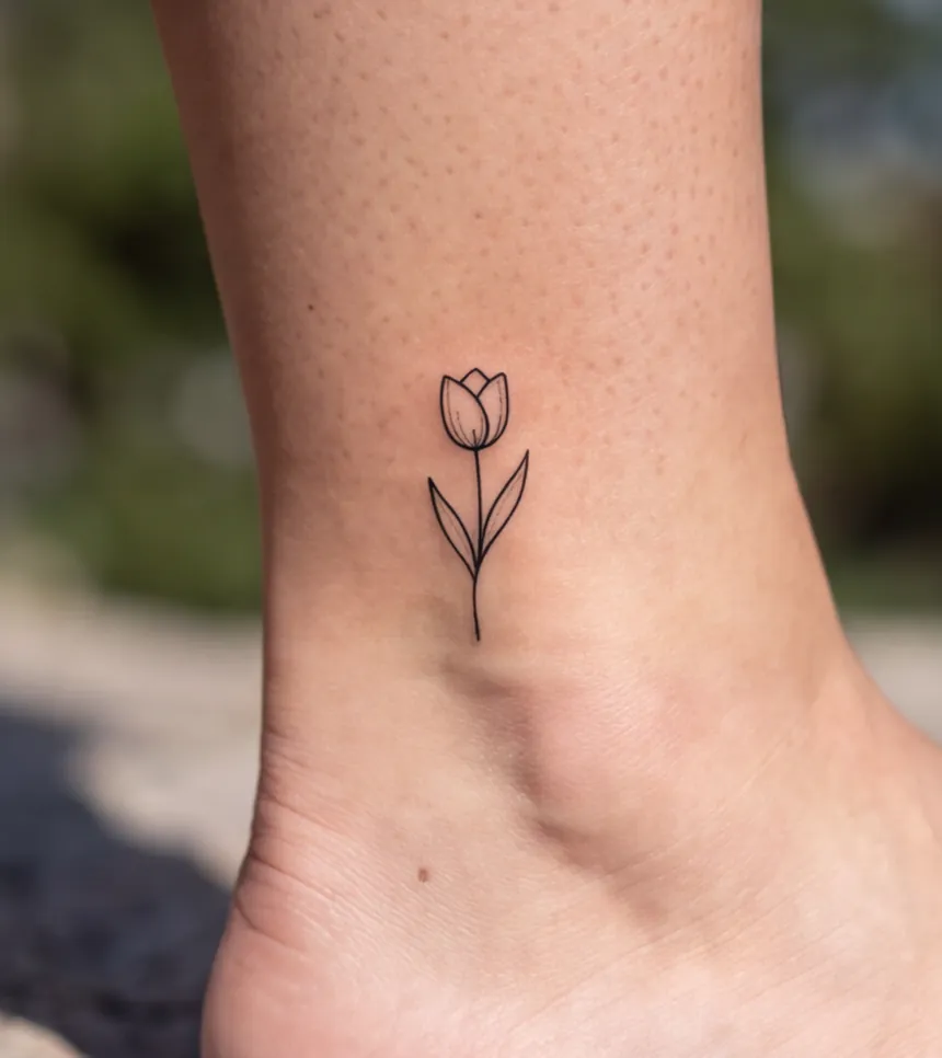A tiny tulip tattooed on an ankle