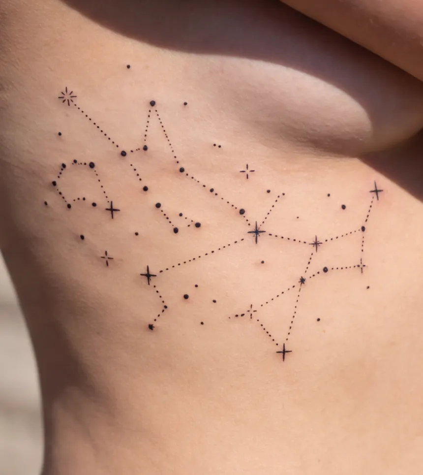 Fine constellation dots and lines tattooed across ribs