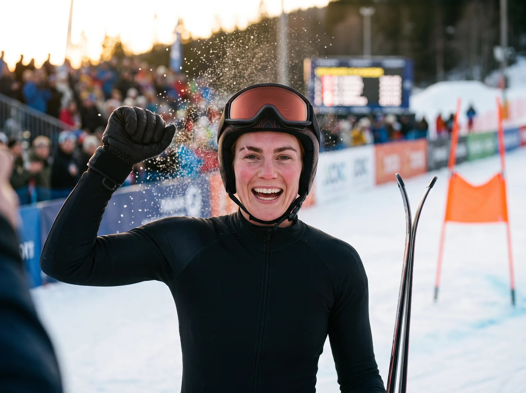 Kaia's raised fist in a black glove, snow spray behind it