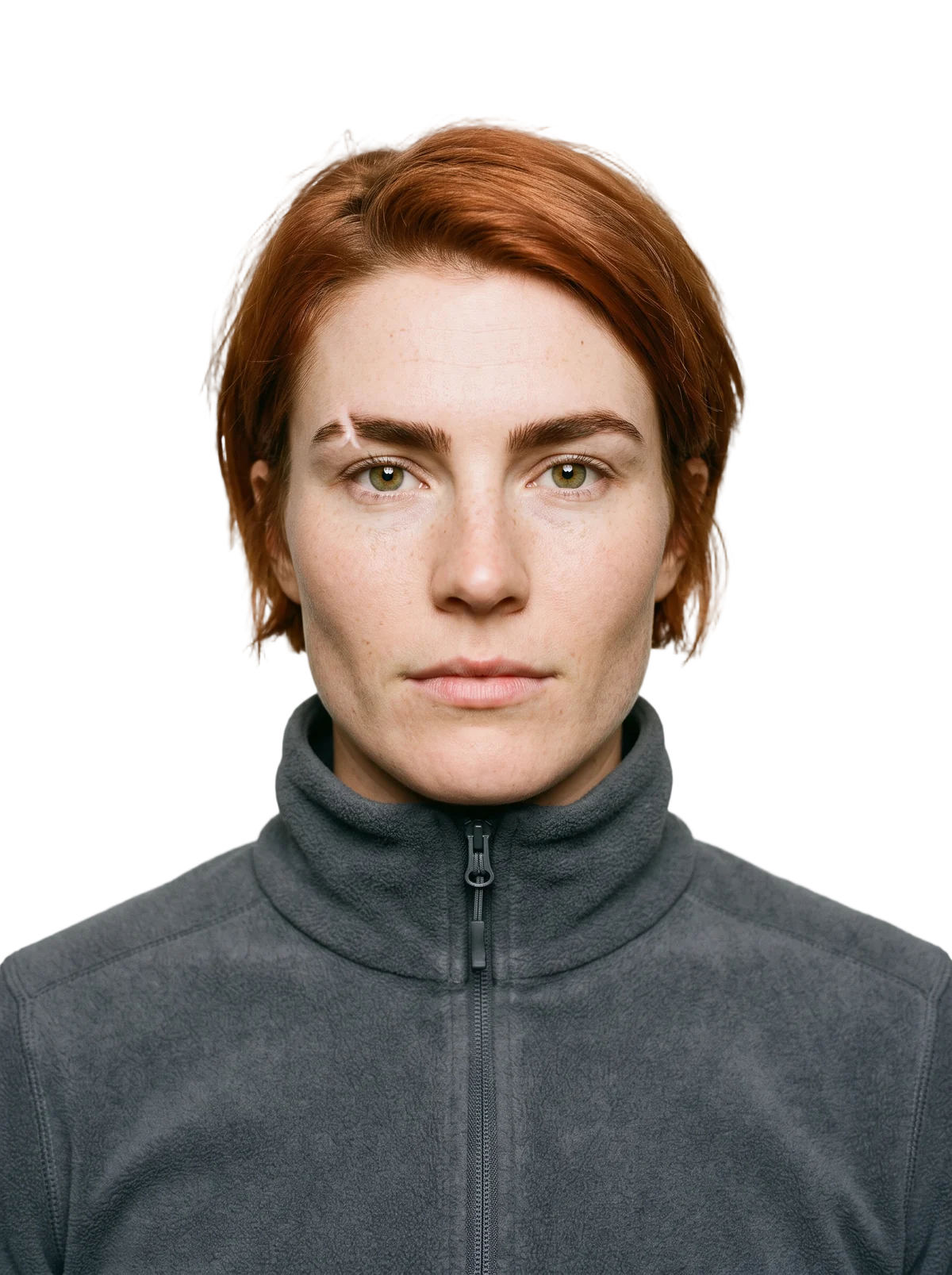 Kaia Sorvik, a downhill skier with short copper hair, looking straight at the camera