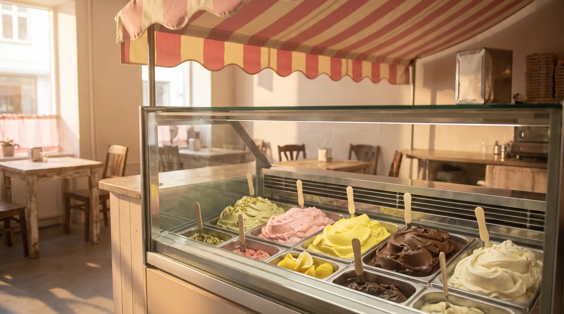 The gelato counter, close on the pans