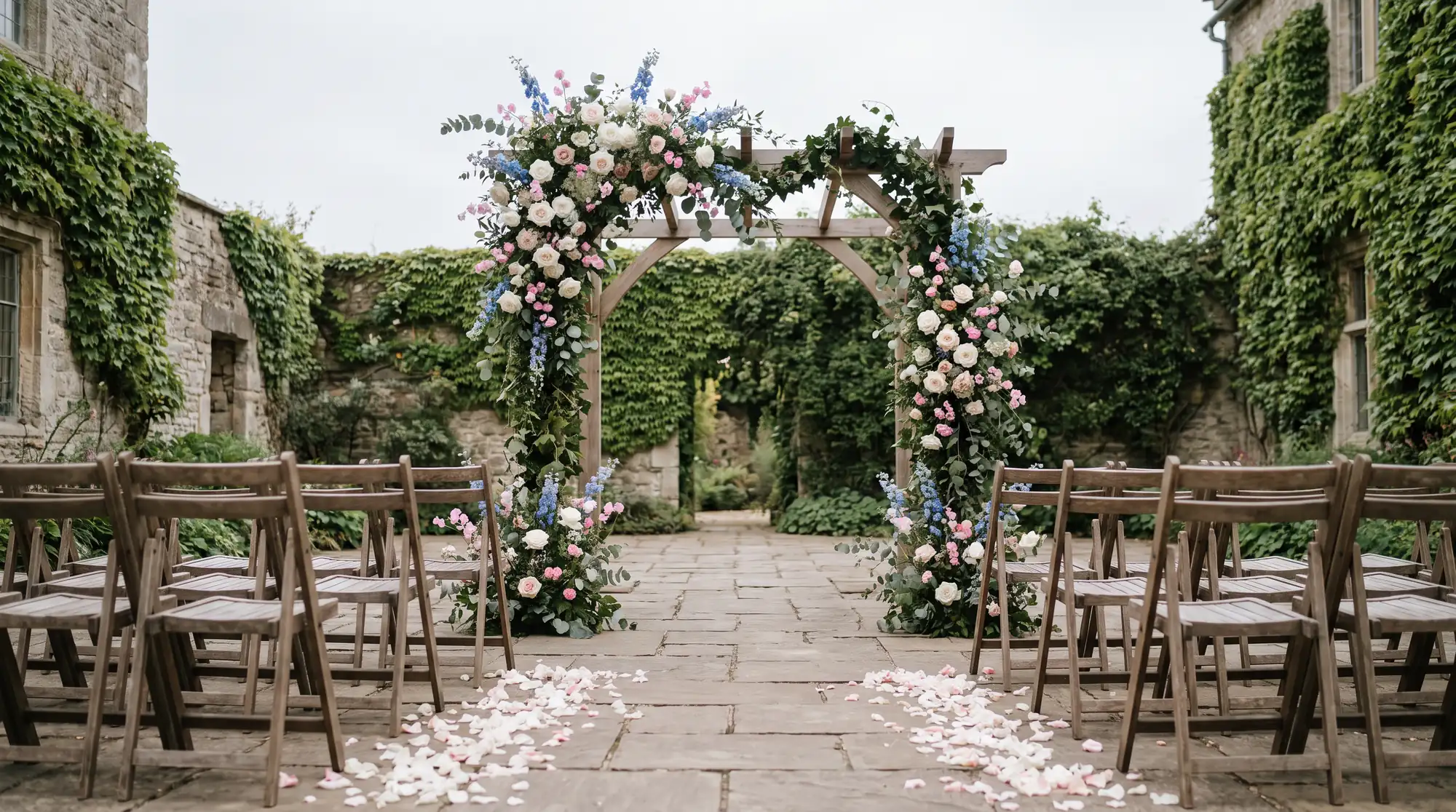 Courtyard ceremony arch. A freestanding ceremony arch covered in white and blush flowers and trailing greenery in a walled stone courtyard