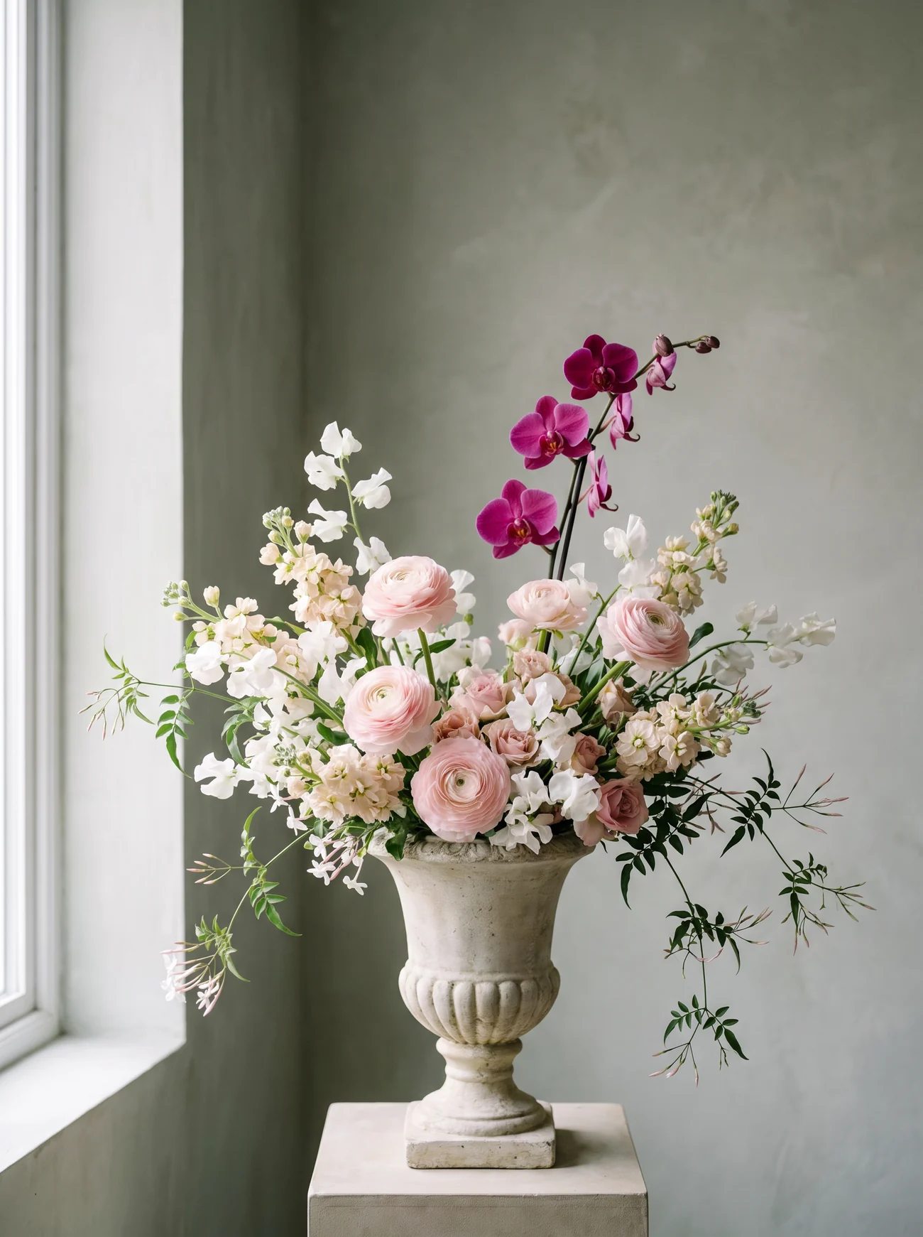 Urn of ranunculus and sweet pea. A tall hand-tied arrangement of blush ranunculus, white sweet peas and magenta orchids in a pale stone urn against a sage wall