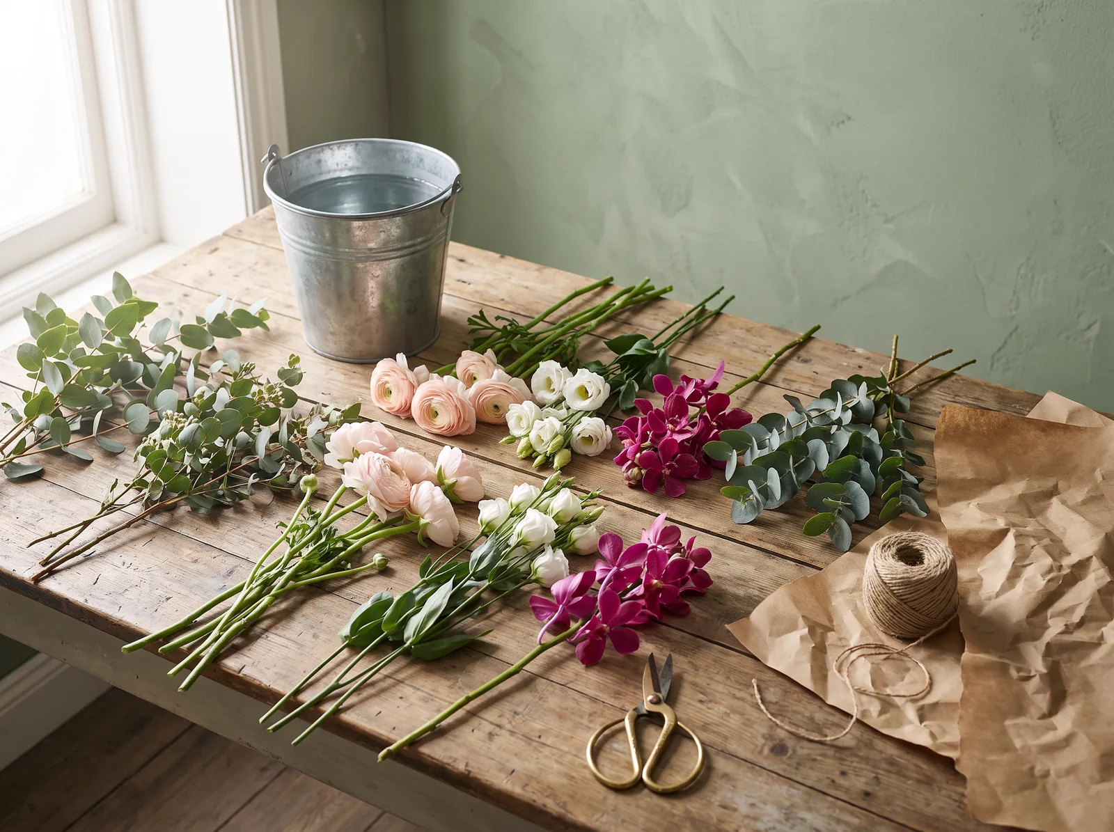Studio bench on build day. A florist's wooden worktable laid with rows of ranunculus, orchids and foliage, a bucket of water, brass scissors and twine