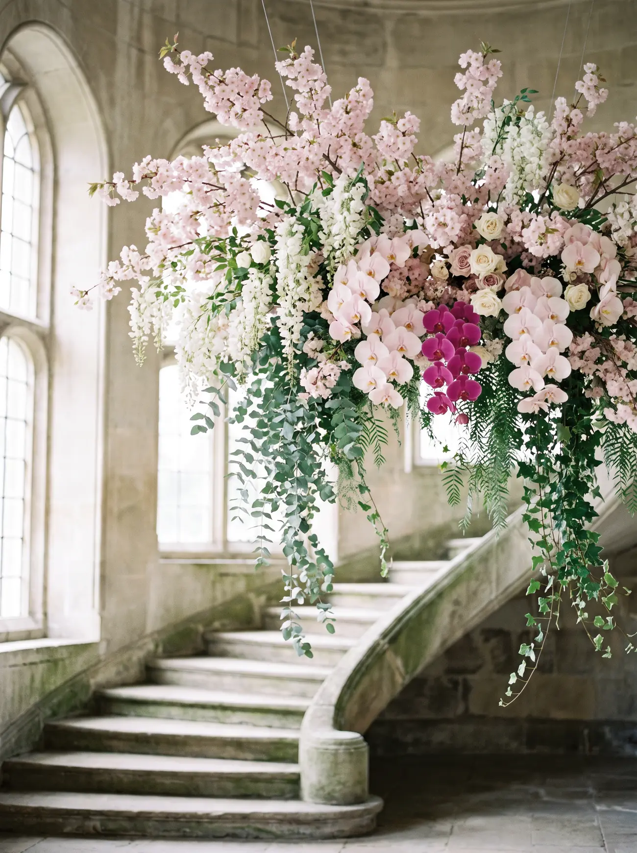 Staircase cloud. A suspended cloud of pale pink and white blossom and trailing foliage hanging above a curved stone staircase