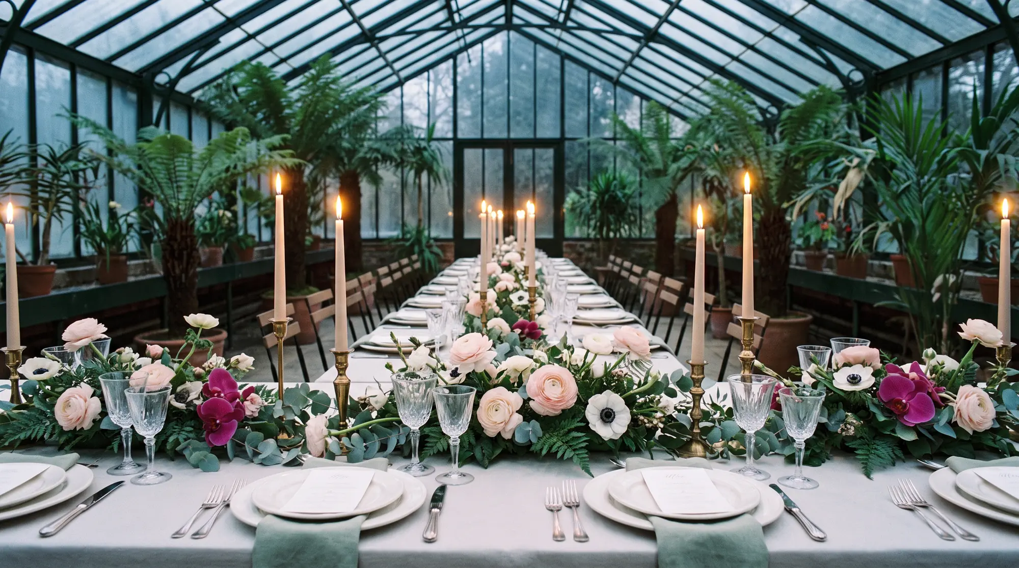 A long wedding dinner table inside a glasshouse at dusk, with a low garland of blush and white flowers, candles and ceramic plates
