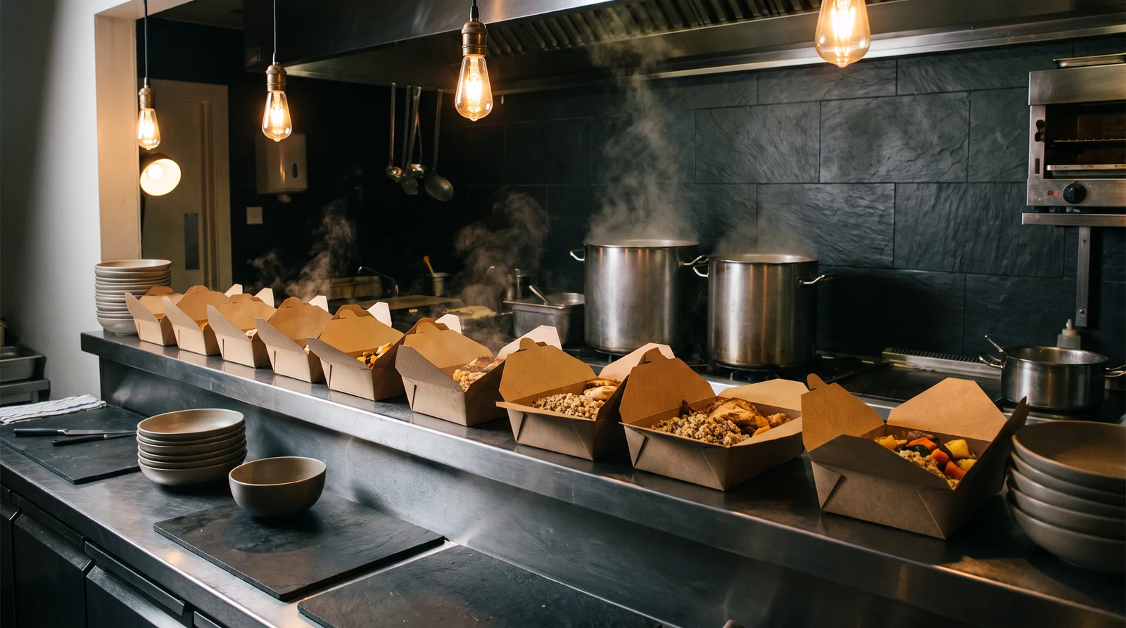 A kitchen pass with two rows of open kraft containers being filled with fresh meals and steaming pots behind
