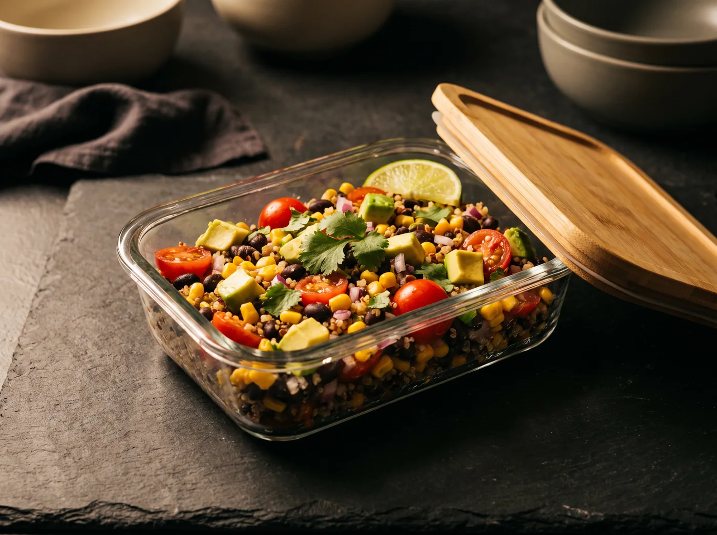 A glass lunch container of southwest bean and quinoa salad with its bamboo lid leaning beside it