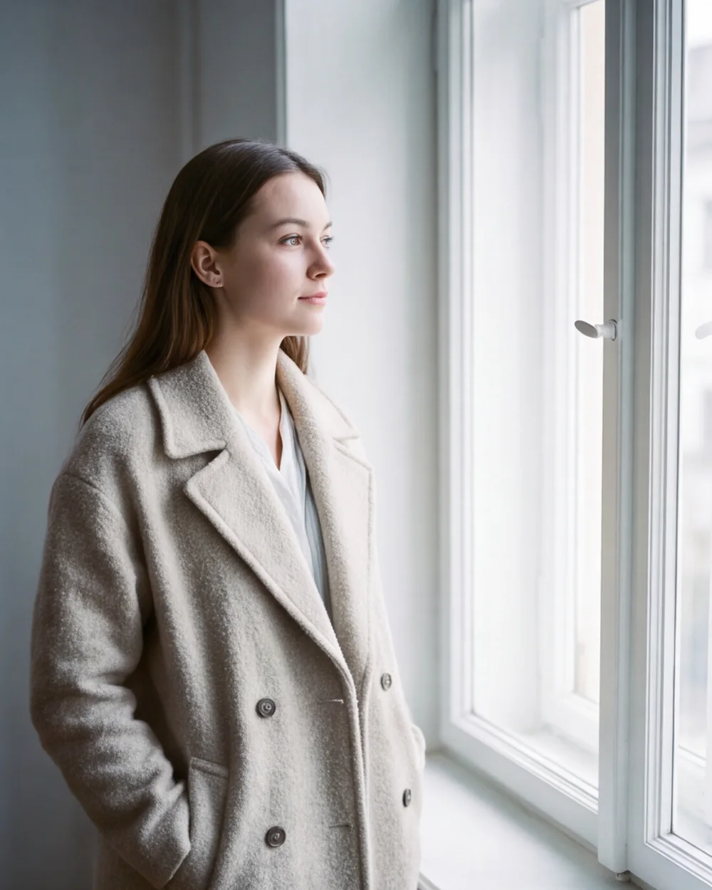 Slow Light, photographs by Ines Talbeck: A woman in an oatmeal wool coat beside a tall window, face turned to the light