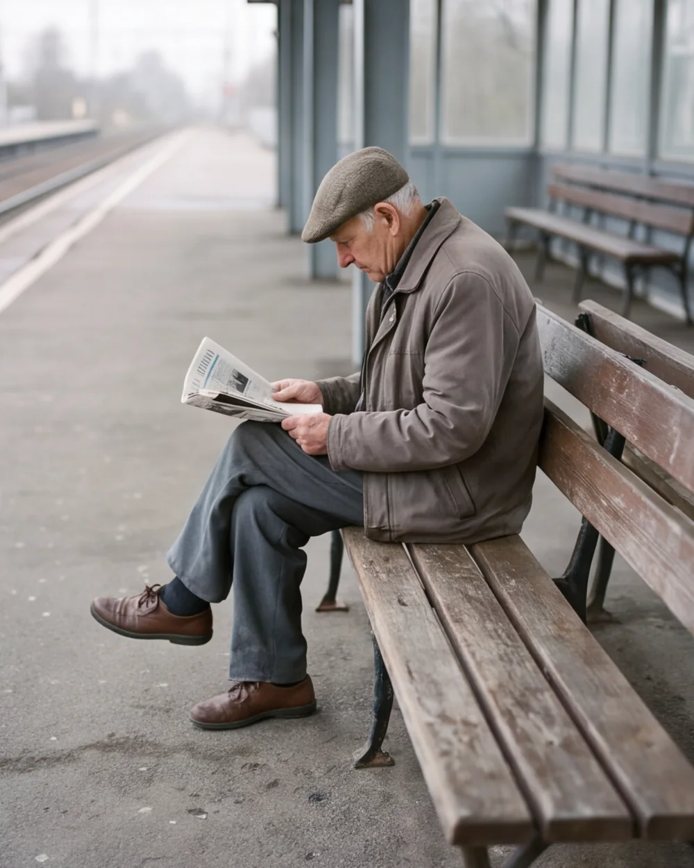 An old man in a flat cap reading a newspaper on an empty platform bench