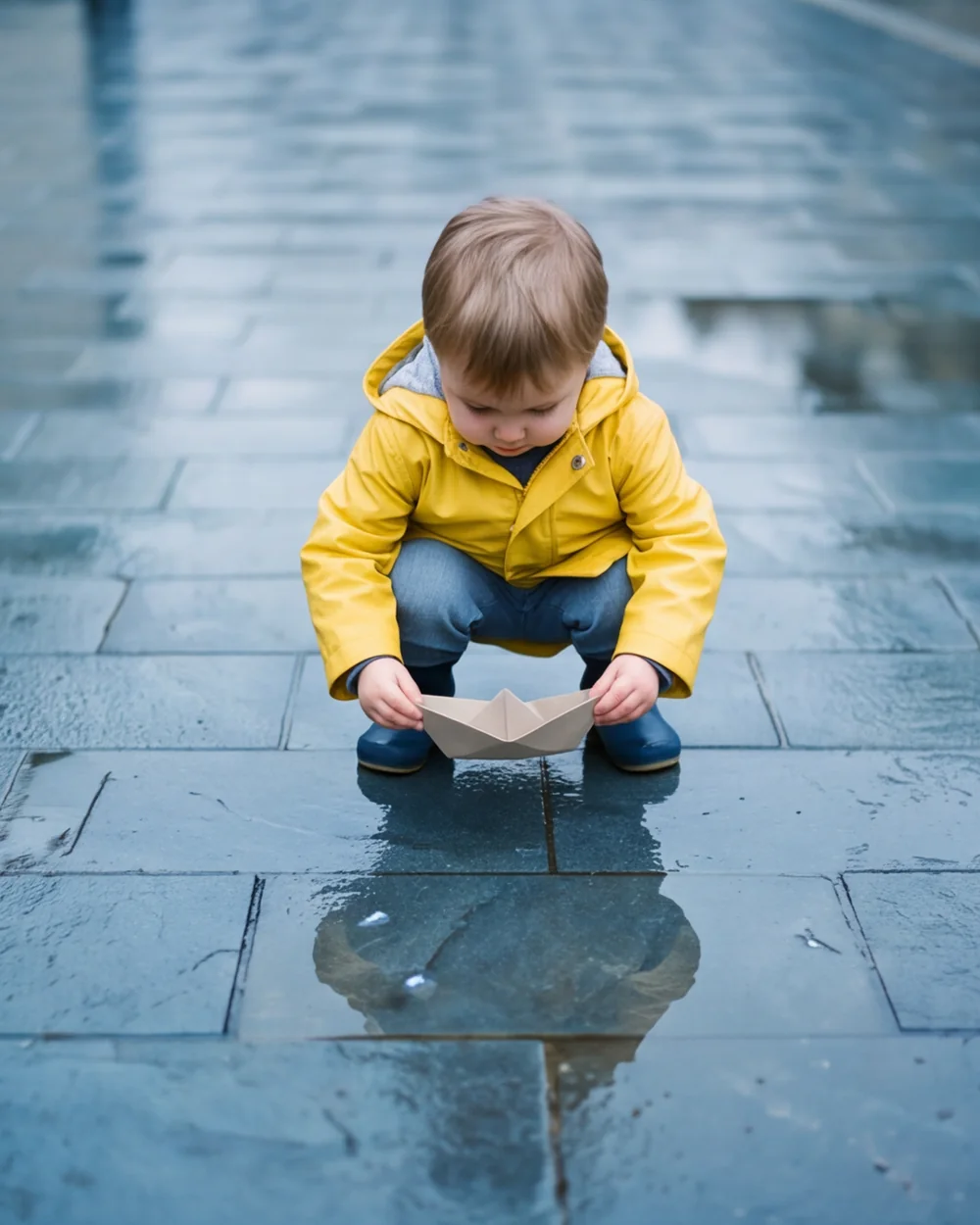 A child in a yellow raincoat crouching on wet paving with a folded paper boat