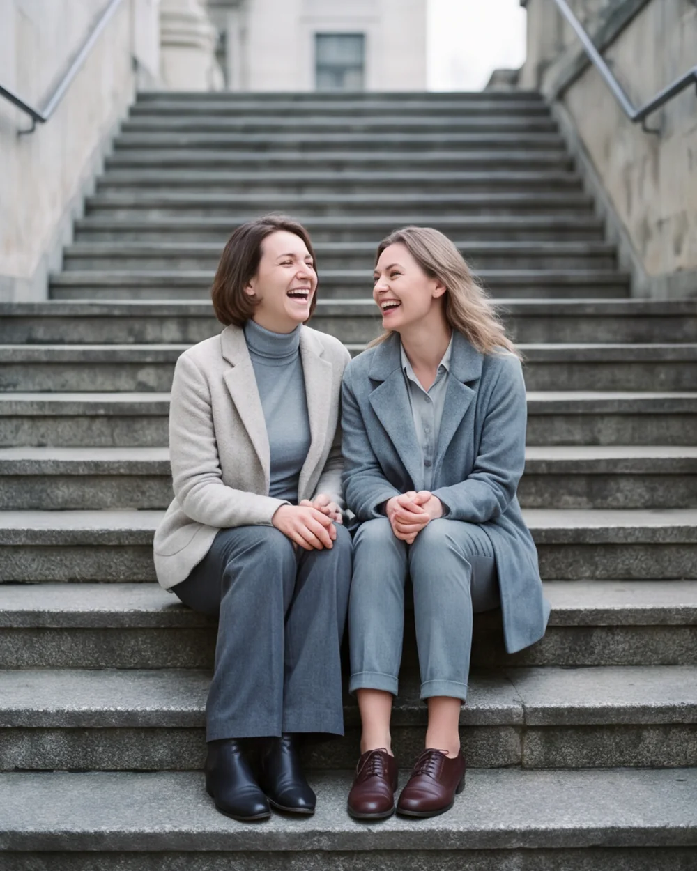 Two women laughing on a wide stone staircase, seen from below