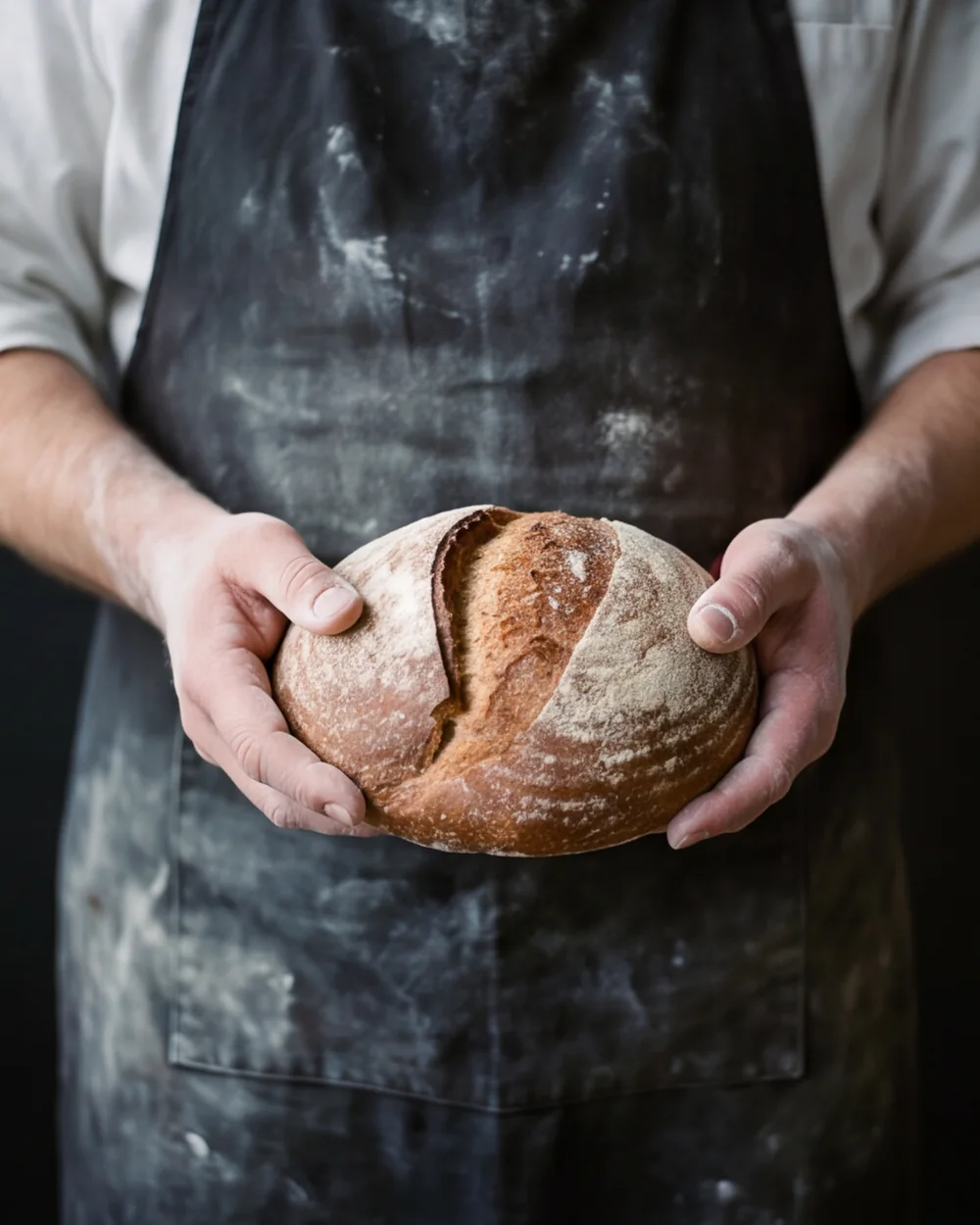 Floury hands holding a round loaf against a dark apron