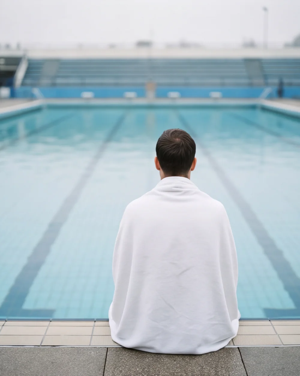 A swimmer in a white towel sitting on the edge of an empty pool, seen from behind
