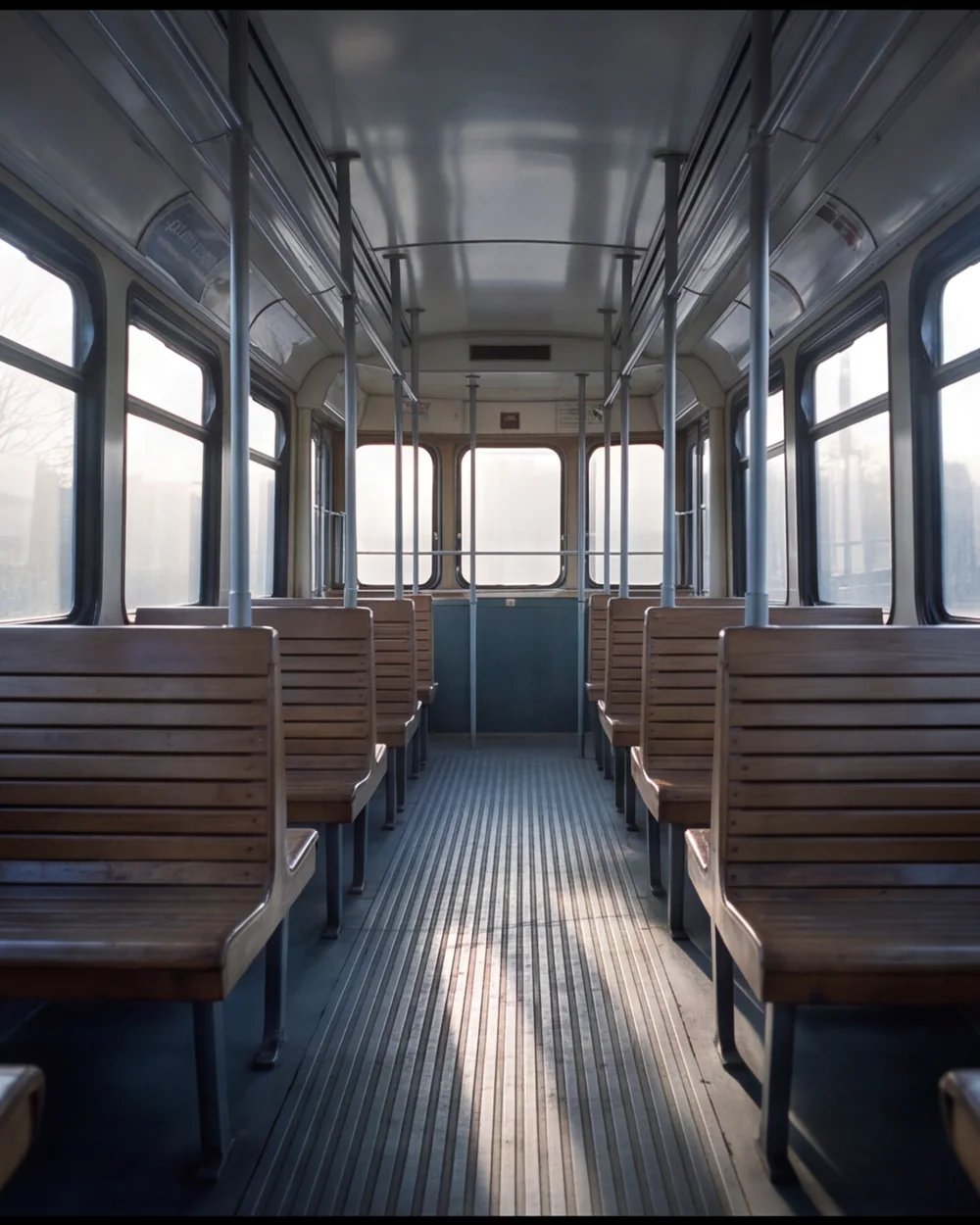The inside of an empty tram at dawn with low sunlight across wooden seats