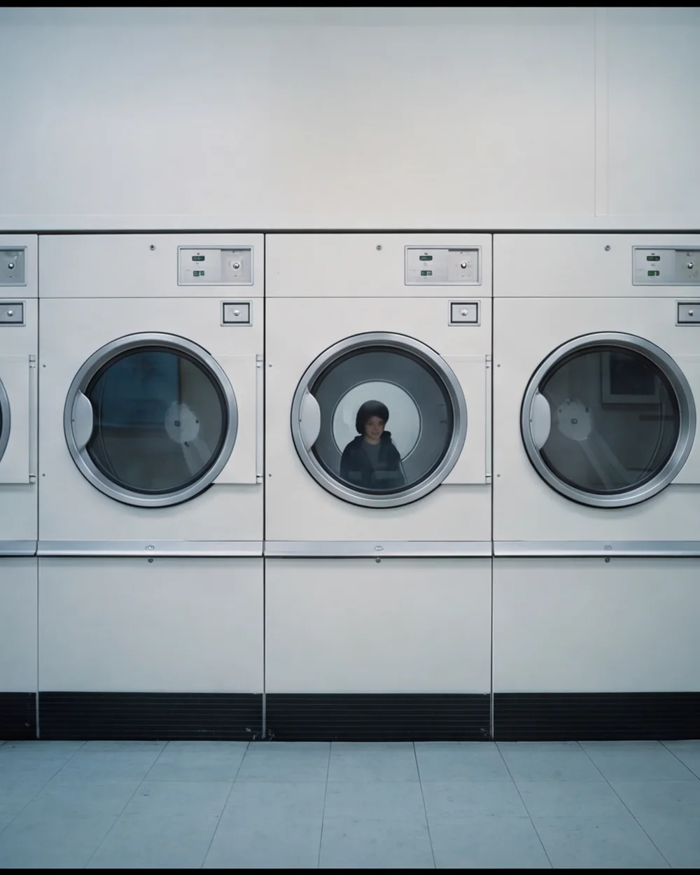 A row of round washing machine windows in a quiet laundromat