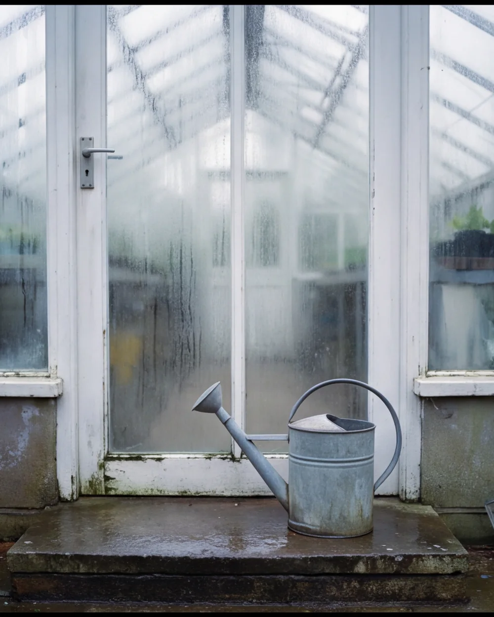 A fogged glasshouse door with a zinc watering can on the step
