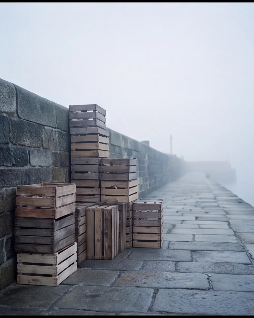 Stacked wooden crates on a misty stone quay at first light