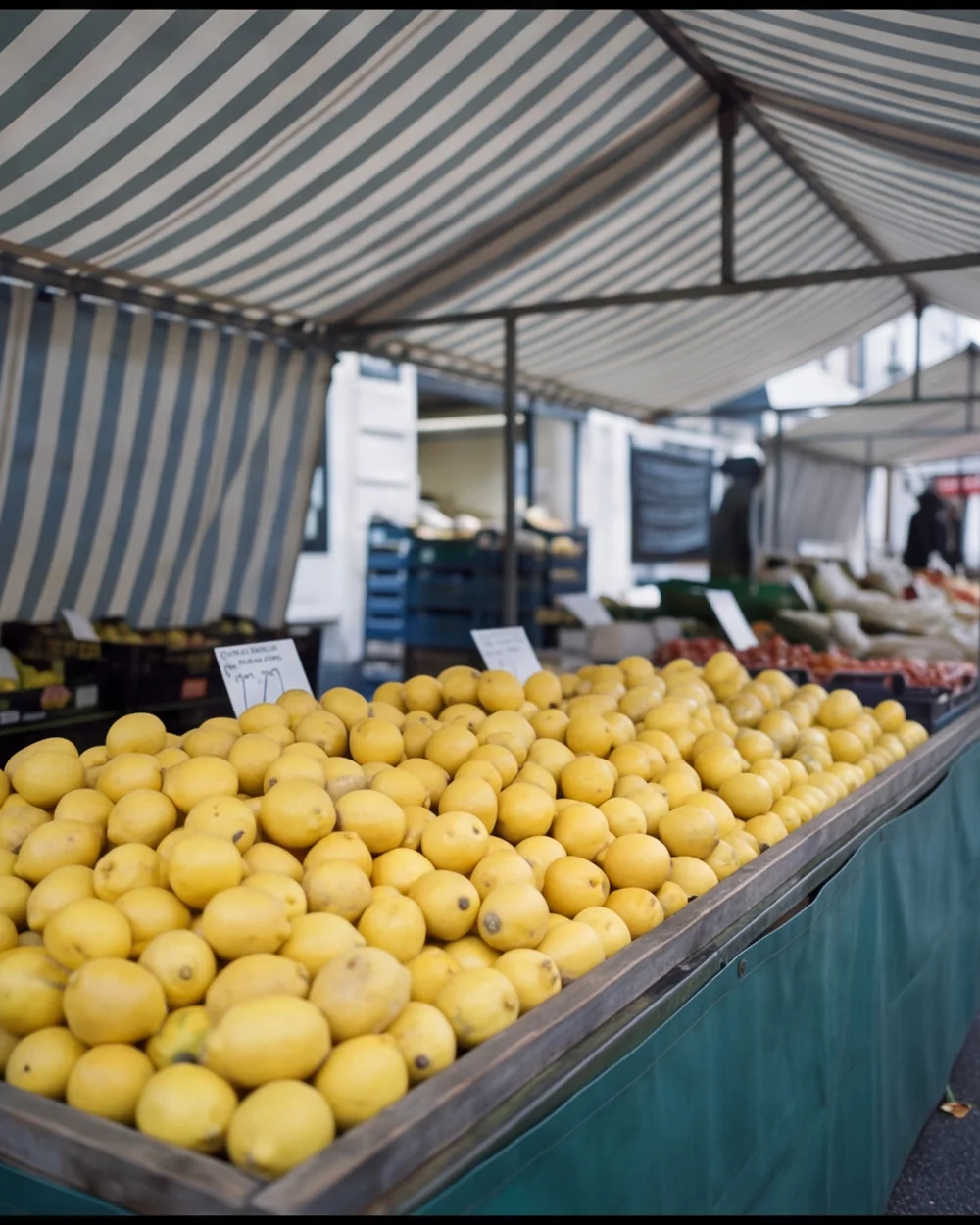 A market stall piled with lemons under a striped awning