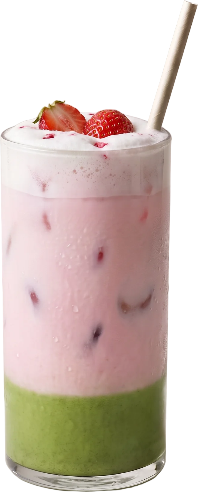 The same glass with pastel strawberry-pink milk over the green layer and two fresh strawberry halves on the foam