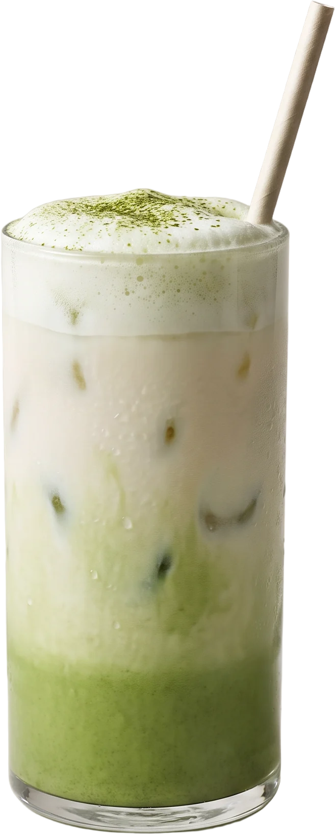 A tall glass of iced matcha latte, jade green at the bottom turning creamy white above, with ice, a foam crown and a paper straw