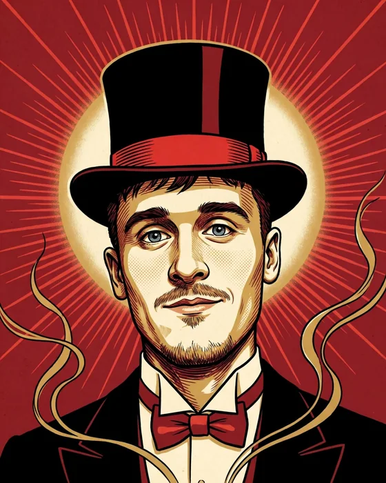 Danielius Chalikovas drawn as a 1920s stage magician in a top hat, breathing and blinking