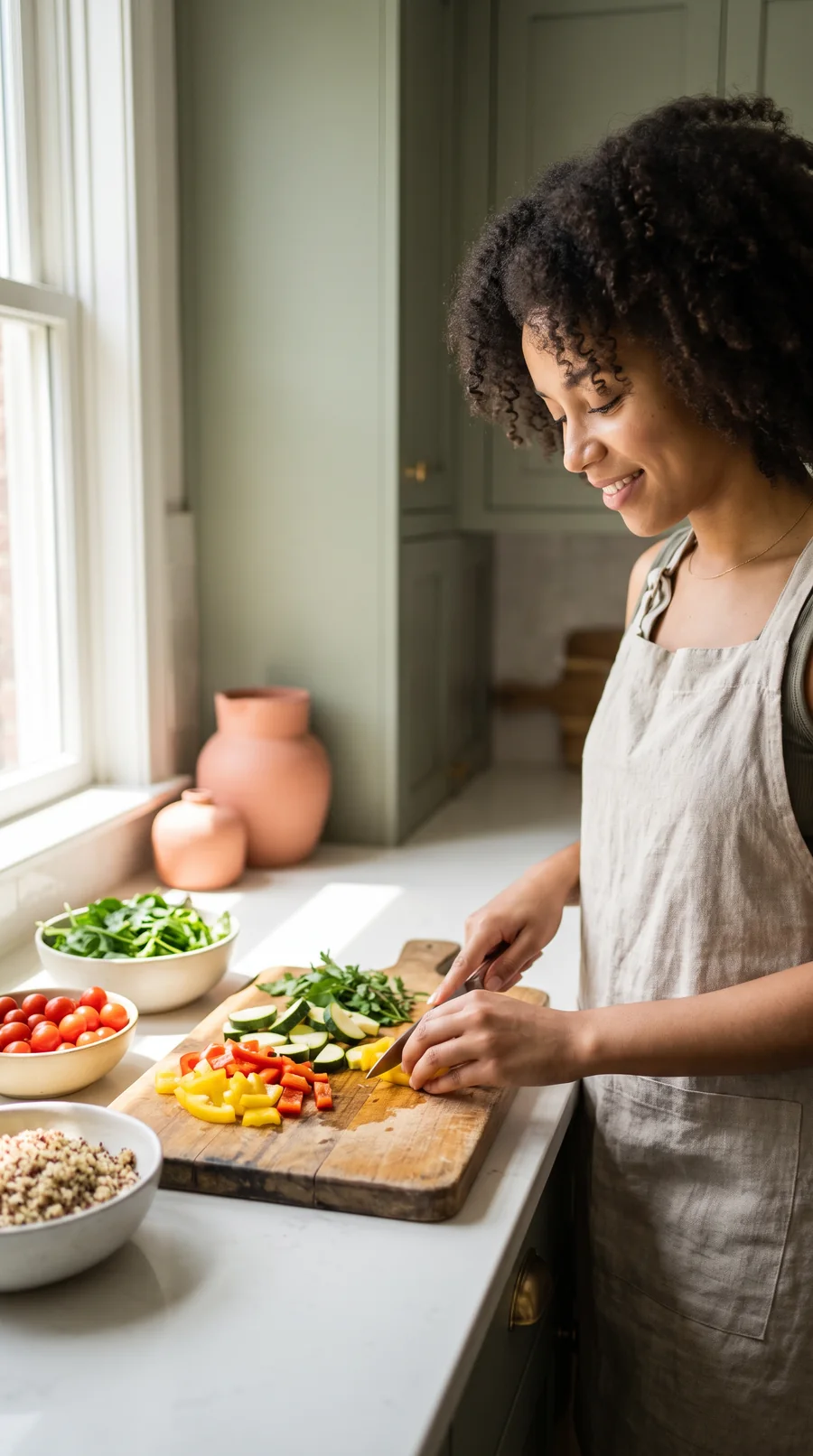 A fictional woman with curly hair chops colourful vegetables at a sunny kitchen counter