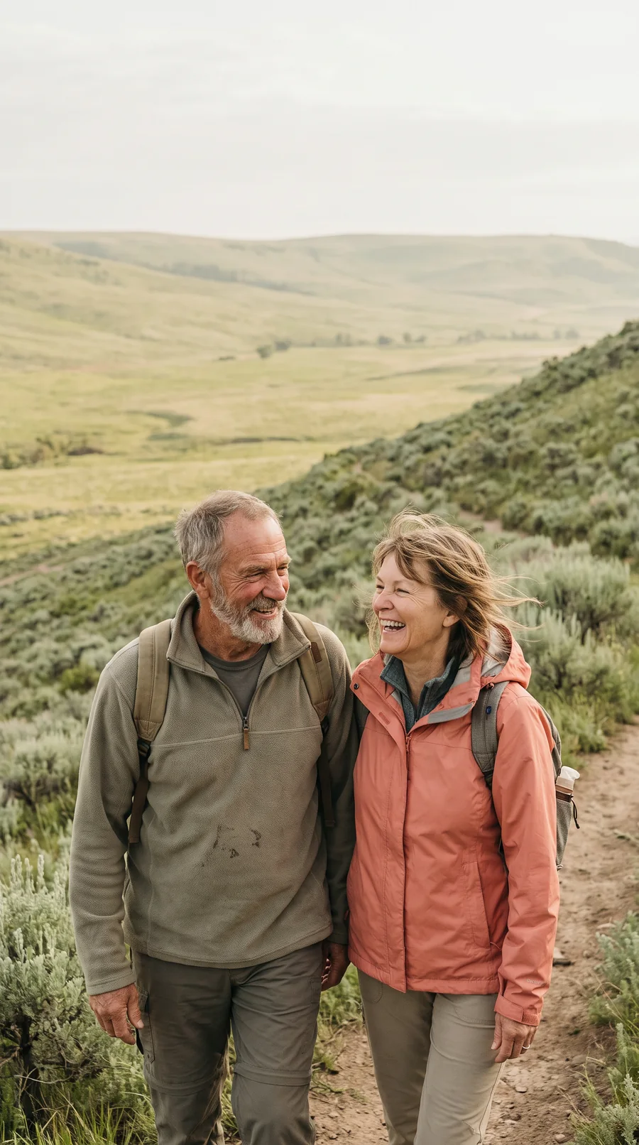 Two fictional people in their sixties hike side by side on a green hillside trail, laughing