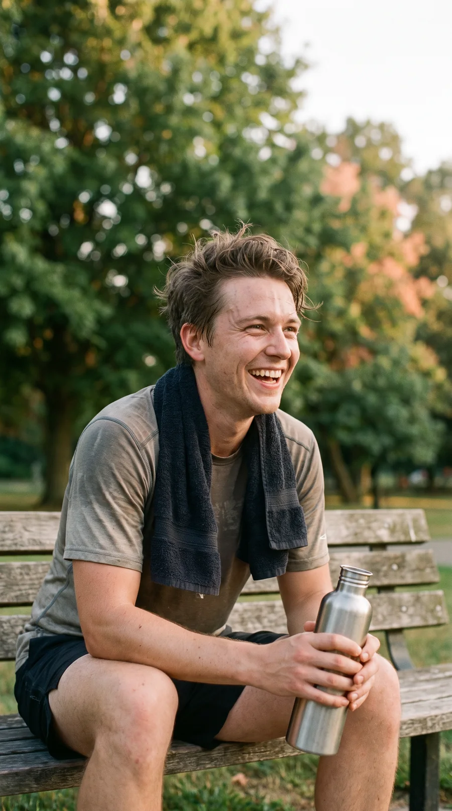 A fictional person with a towel round their neck laughs on a park bench after a workout