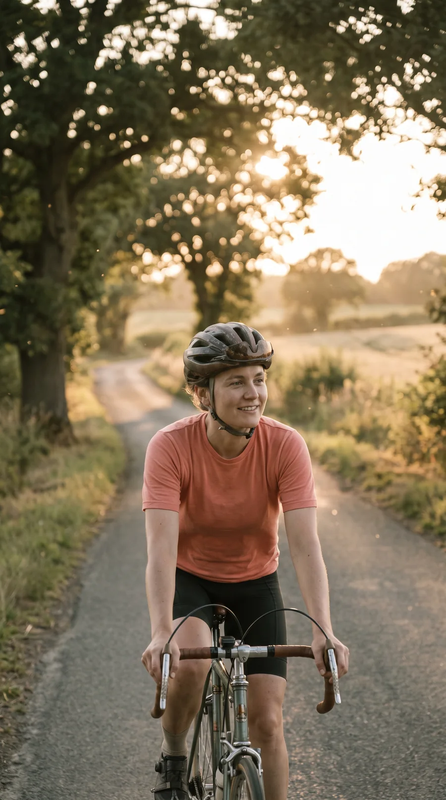 A fictional cyclist in a coral jersey rides a quiet tree-lined road at golden hour
