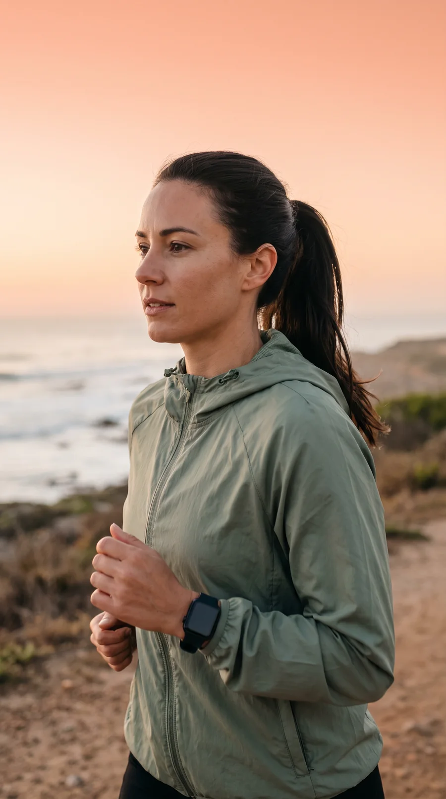 A fictional member in a sage jacket and a watch runs along a sea path at sunrise