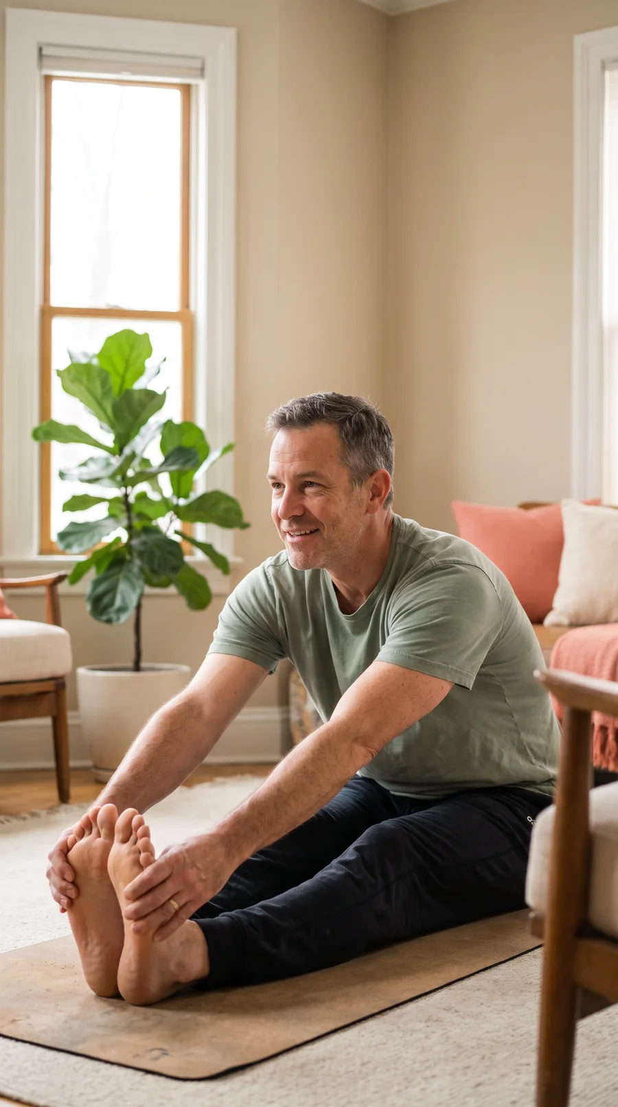 A fictional man stretches toward his toes on a yoga mat in a bright living room