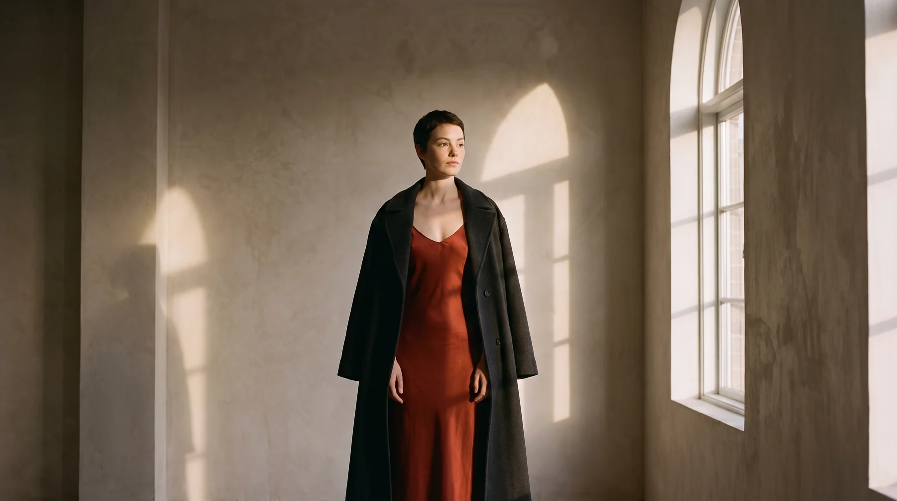 A woman in a rust silk dress with a charcoal coat over her shoulders, in a bare plaster room with a tall window