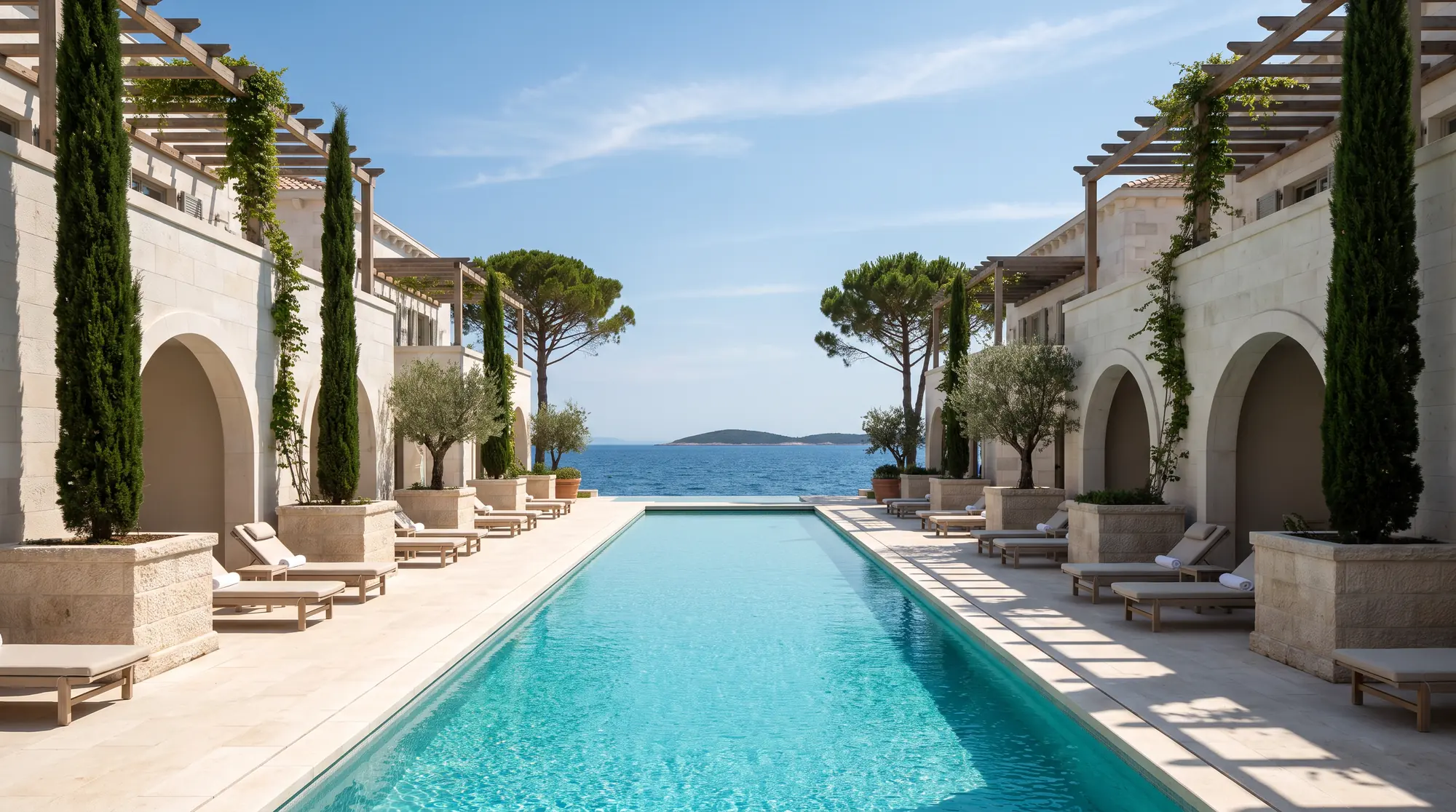 A long turquoise pool between two rows of white limestone residences with arched openings, cypress trees and the Adriatic sea beyond, in bright morning light