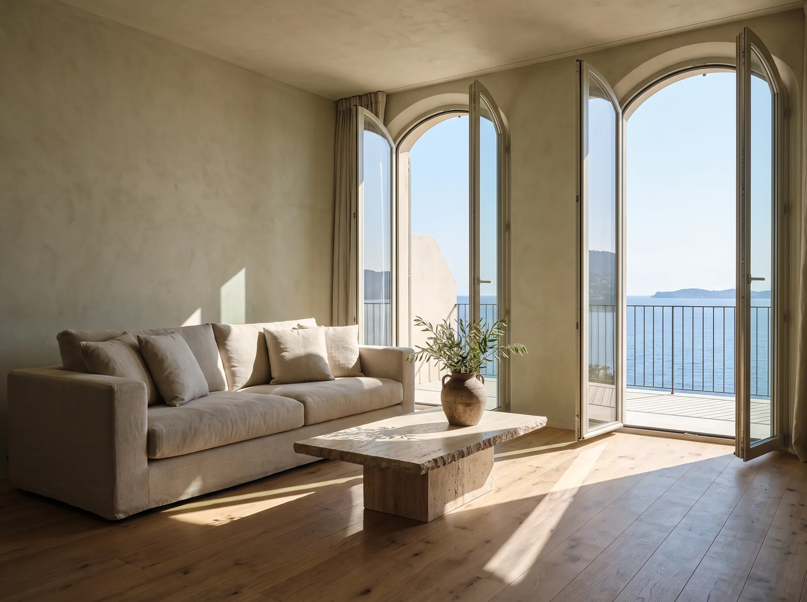 A calm living room in plaster and oak with tall arched glass doors open to a terrace and the sea