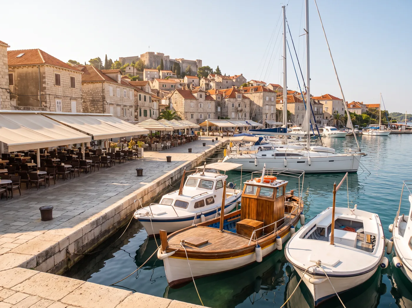 A small harbour with wooden fishing boats and sailing yachts along a stone quay under an old town on the hill