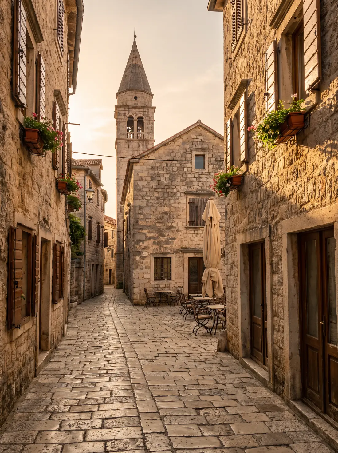 A narrow lane in a stone old town opening onto a small square with a cafe and a bell tower